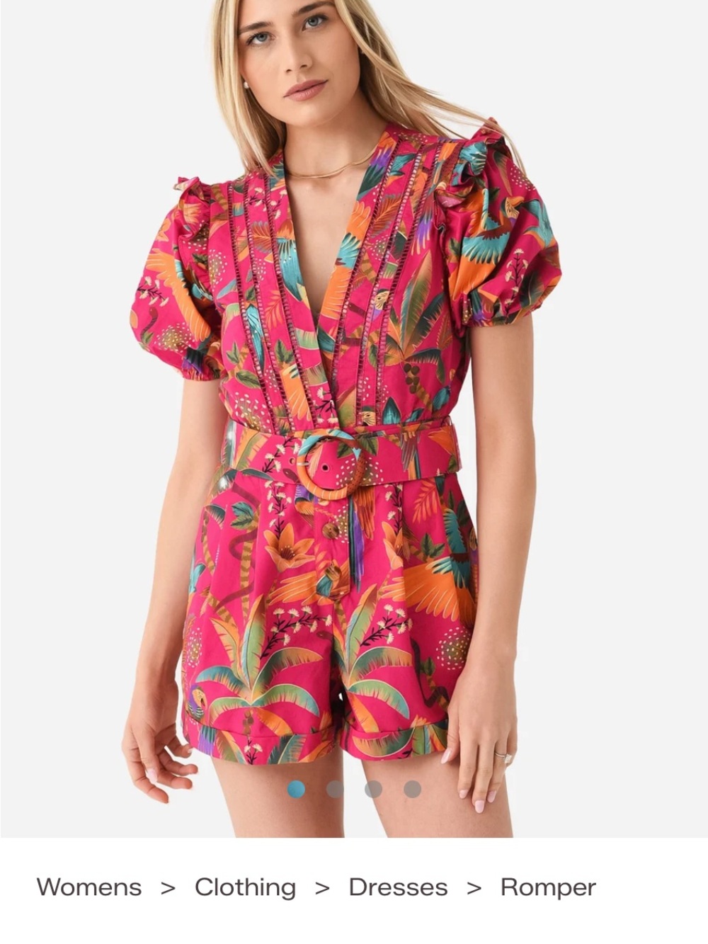 FARM Rio Pink Tropical Belted Puff-Sleeve Romper, Sz M!  EUC! W/belt